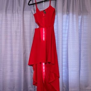 Red high low back slit dress